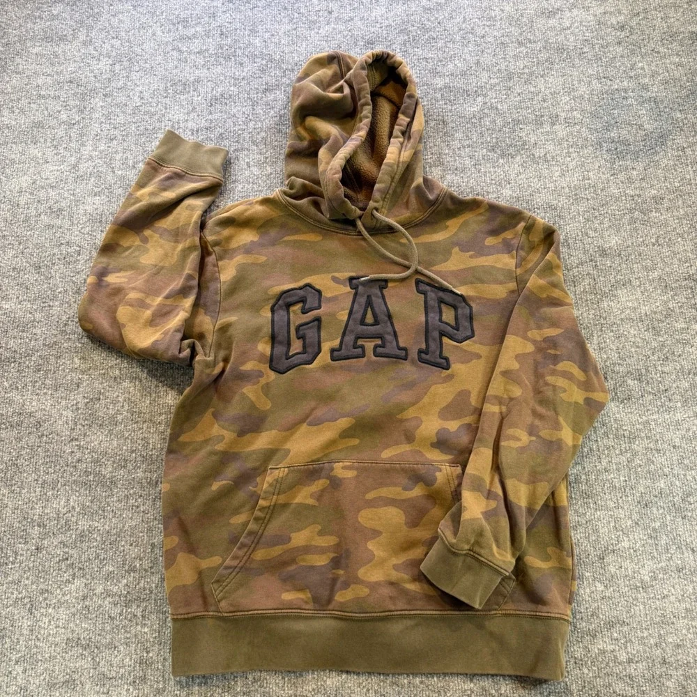 Gap Mens Camouflage Arch Logo Fleece Pullover Hoodie Camo Brown Green M